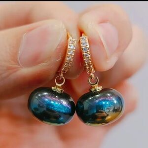 Simulated Black, Purple, Blue Tint Pearl, Zirconia, Dangle, Wedding, Earrings